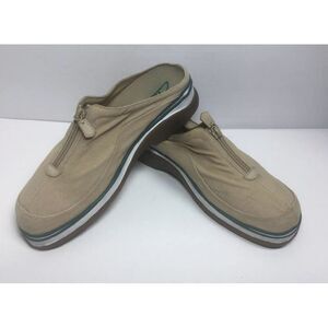 Clarks Khaki Tan Canvas Womens Shoes 9.5M Zip up Slip On Comfort Beach‎ Slippers